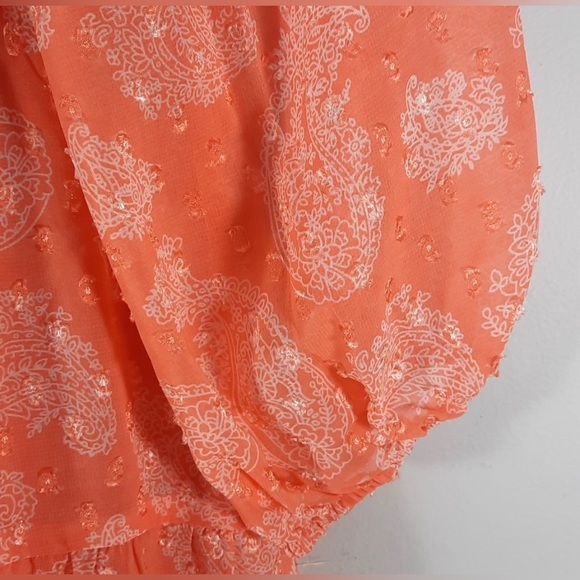 Skies Are Blue Tiered Smocked Bodice Babydoll A-Line Mini Dress SZ M Coral - Picture 8 of 12